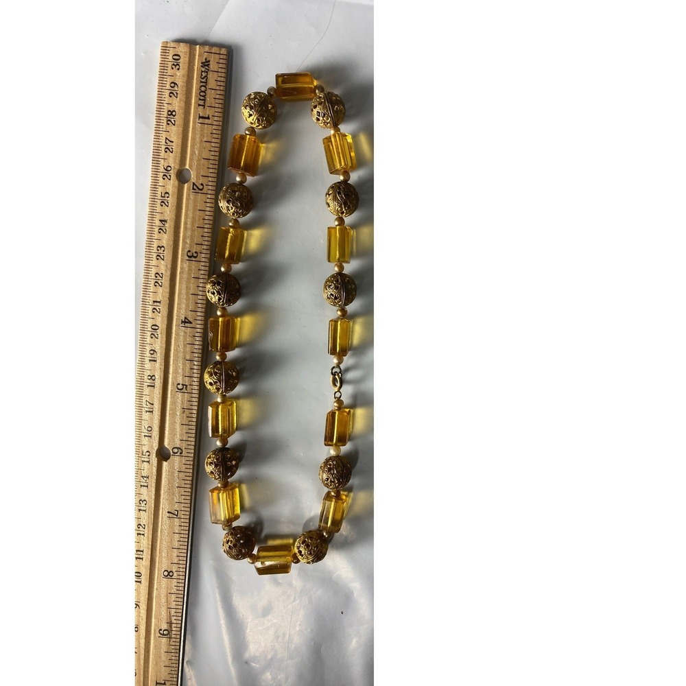 Vintage Amber Resin Gold Tone Filigree Bead Necklace Boho Ethnic 16‎ Inch 2235